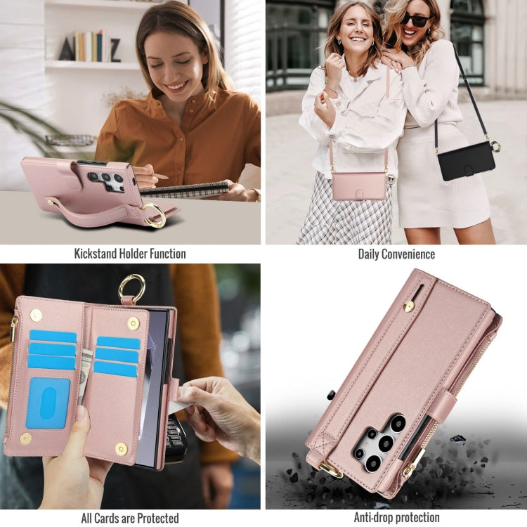 For Samsung Galaxy S24 Ultra 5G Crossbody Ring Multifunctional Wallet Leather Phone Case(Rose Gold) - Galaxy S24 Ultra 5G Cases by PMC Jewellery | Online Shopping South Africa | PMC Jewellery | Buy Now Pay Later Mobicred