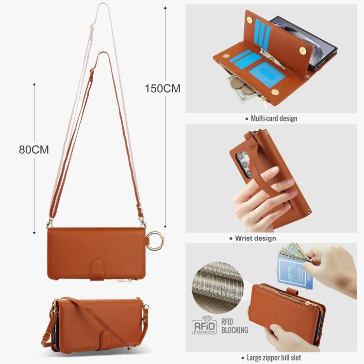 For Samsung Galaxy S24 Ultra 5G Crossbody Ring Multifunctional Wallet Leather Phone Case(Brown) - Galaxy S24 Ultra 5G Cases by PMC Jewellery | Online Shopping South Africa | PMC Jewellery | Buy Now Pay Later Mobicred