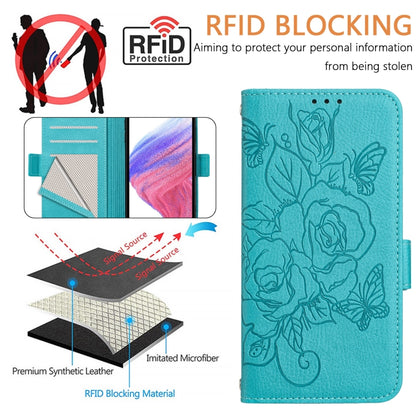 For iPhone 16 Plus Embossed Rose RFID Anti-theft Leather Phone Case(Light Blue) - iPhone 16 Plus Cases by PMC Jewellery | Online Shopping South Africa | PMC Jewellery | Buy Now Pay Later Mobicred