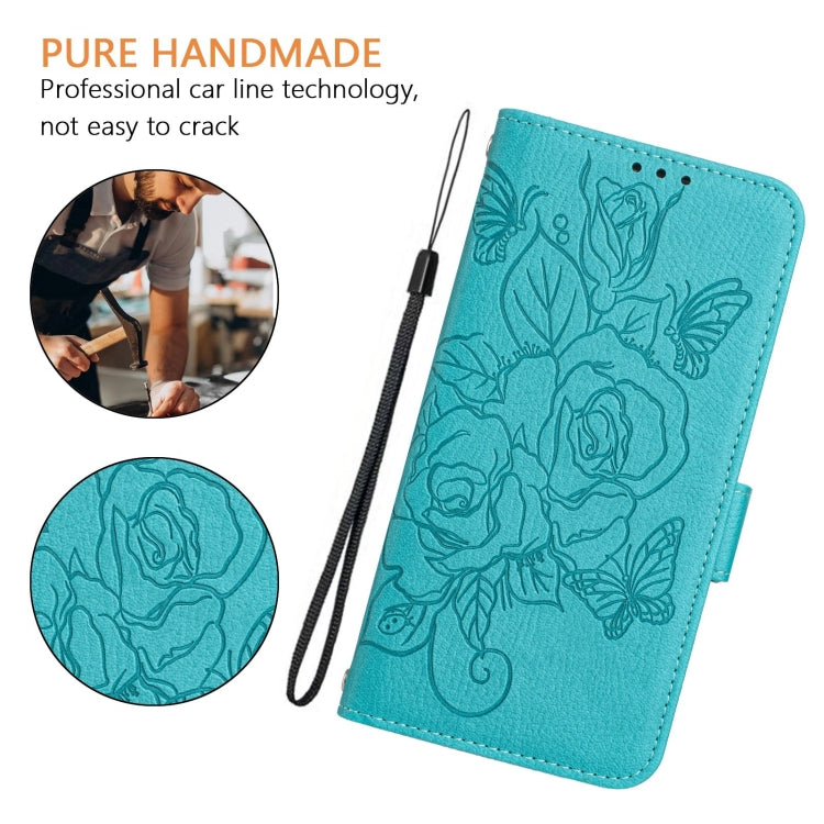 For iPhone 16 Plus Embossed Rose RFID Anti-theft Leather Phone Case(Light Blue) - iPhone 16 Plus Cases by PMC Jewellery | Online Shopping South Africa | PMC Jewellery | Buy Now Pay Later Mobicred