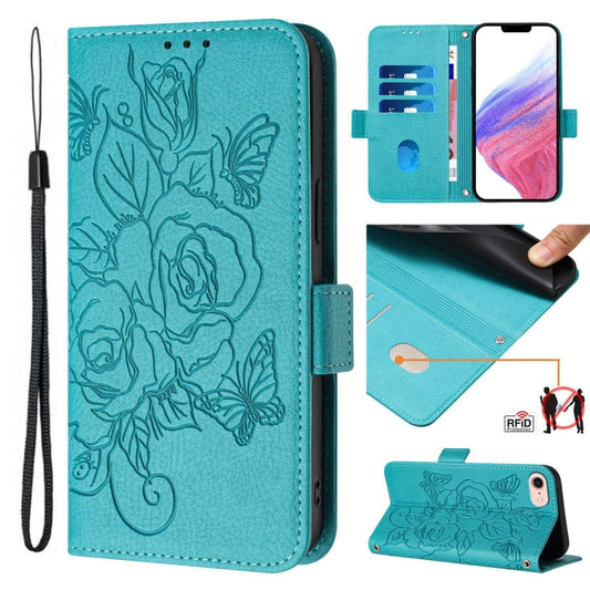 For iPhone SE 2024 Embossed Rose RFID Anti-theft Leather Phone Case(Light Blue) - More iPhone Cases by PMC Jewellery | Online Shopping South Africa | PMC Jewellery | Buy Now Pay Later Mobicred