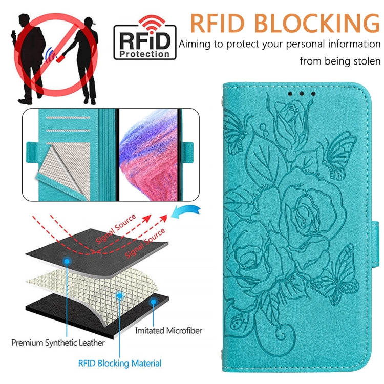 For iPhone SE 2024 Embossed Rose RFID Anti-theft Leather Phone Case(Light Blue) - More iPhone Cases by PMC Jewellery | Online Shopping South Africa | PMC Jewellery | Buy Now Pay Later Mobicred