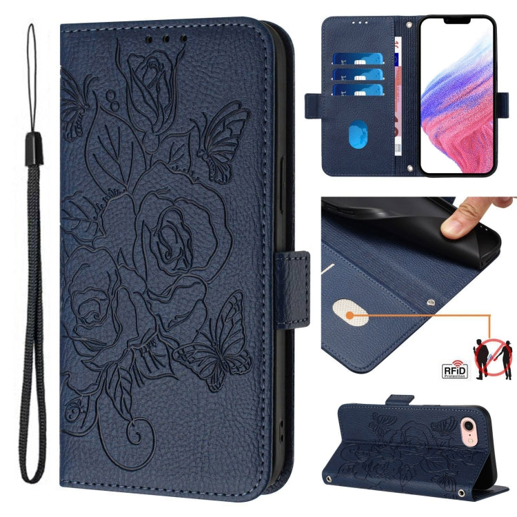 For iPhone SE 2024 Embossed Rose RFID Anti-theft Leather Phone Case(Dark Blue) - More iPhone Cases by PMC Jewellery | Online Shopping South Africa | PMC Jewellery | Buy Now Pay Later Mobicred