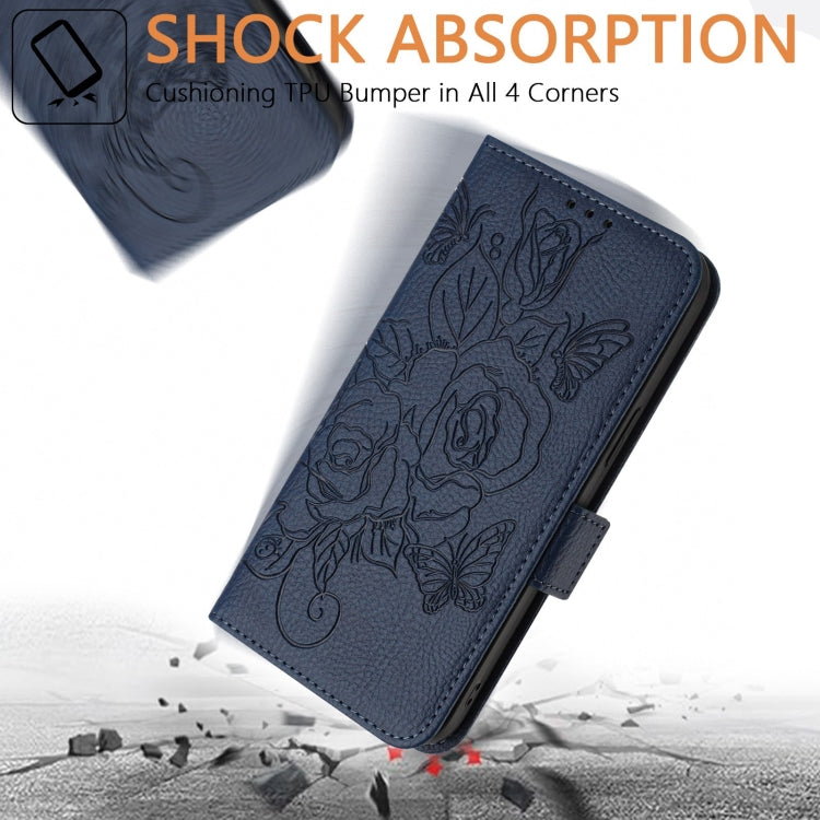 For iPhone SE 2024 Embossed Rose RFID Anti-theft Leather Phone Case(Dark Blue) - More iPhone Cases by PMC Jewellery | Online Shopping South Africa | PMC Jewellery | Buy Now Pay Later Mobicred