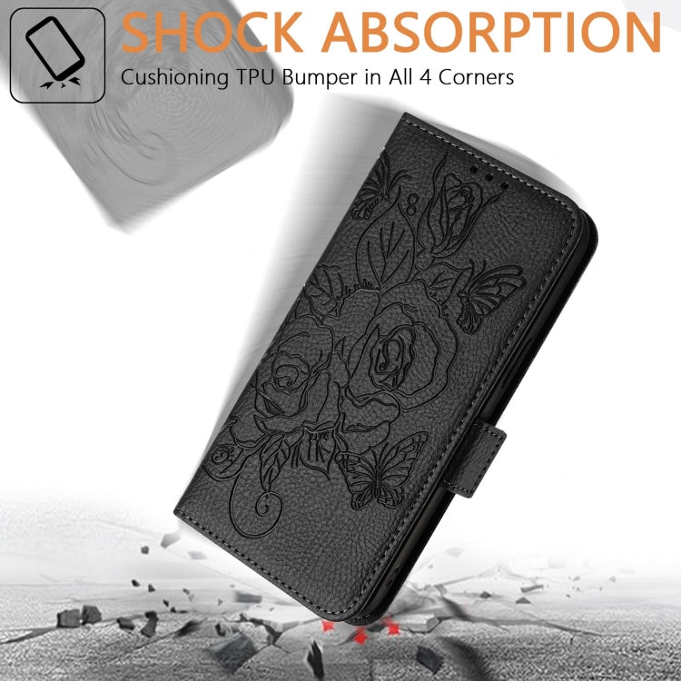 For iPhone SE 2024 Embossed Rose RFID Anti-theft Leather Phone Case(Black) - More iPhone Cases by PMC Jewellery | Online Shopping South Africa | PMC Jewellery | Buy Now Pay Later Mobicred