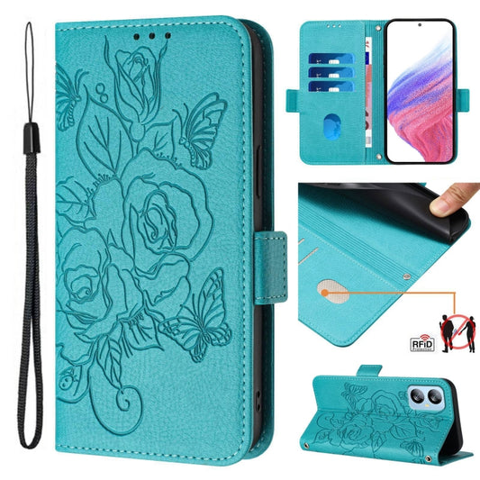 For Blackview A52 Embossed Rose RFID Anti-theft Leather Phone Case(Light Blue) - More Brand by PMC Jewellery | Online Shopping South Africa | PMC Jewellery | Buy Now Pay Later Mobicred