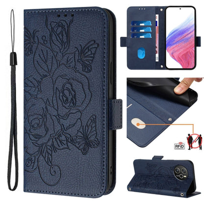 For Blackview Shark 8 Embossed Rose RFID Anti-theft Leather Phone Case(Dark Blue) - More Brand by PMC Jewellery | Online Shopping South Africa | PMC Jewellery | Buy Now Pay Later Mobicred