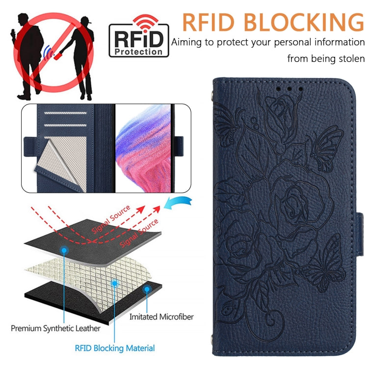 For Blackview WAVE 6C Embossed Rose RFID Anti-theft Leather Phone Case(Dark Blue) - More Brand by PMC Jewellery | Online Shopping South Africa | PMC Jewellery | Buy Now Pay Later Mobicred