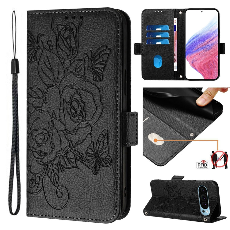 For Google Pixel 9 Pro XL Embossed Rose RFID Anti-theft Leather Phone Case(Black) - Google Cases by PMC Jewellery | Online Shopping South Africa | PMC Jewellery | Buy Now Pay Later Mobicred