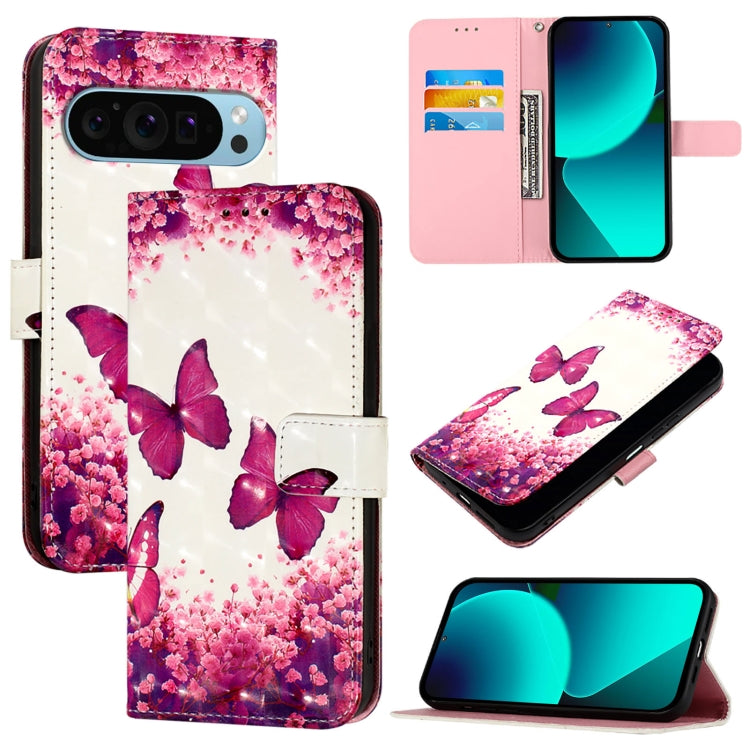 For Google Pixel 9 Pro XL 3D Painting Horizontal Flip Leather Phone Case(Rose Butterfly) - Google Cases by PMC Jewellery | Online Shopping South Africa | PMC Jewellery | Buy Now Pay Later Mobicred