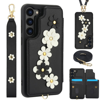 For Samsung Galaxy S25+ 5G Crossbody Flower Pattern Leather Phone Case(Black) - Galaxy S23+ 5G Cases by PMC Jewellery | Online Shopping South Africa | PMC Jewellery | Buy Now Pay Later Mobicred