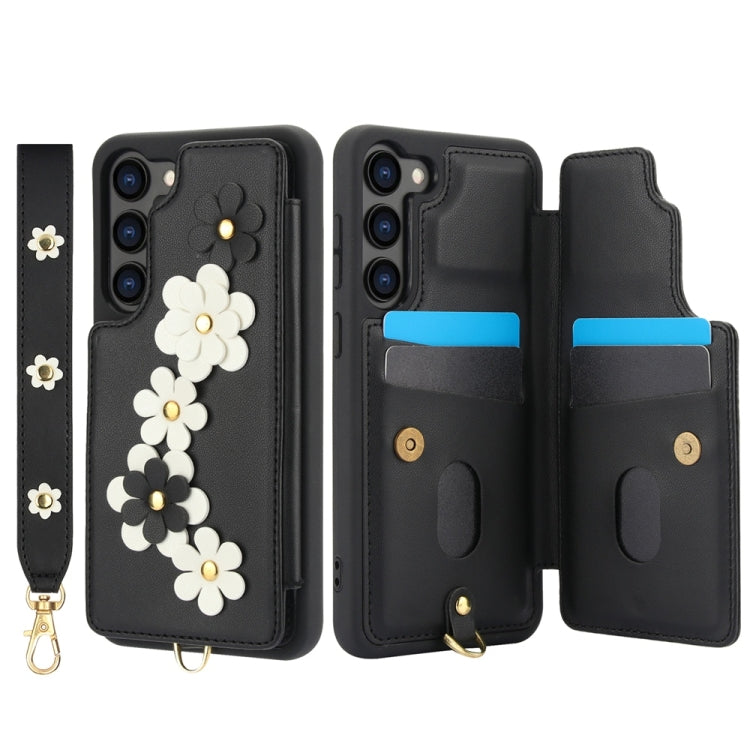 For Samsung Galaxy S25+ 5G Crossbody Flower Pattern Leather Phone Case(Black) - Galaxy S23+ 5G Cases by PMC Jewellery | Online Shopping South Africa | PMC Jewellery | Buy Now Pay Later Mobicred