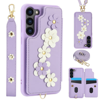 For Samsung Galaxy S25+ 5G Crossbody Flower Pattern Leather Phone Case(Purple) - Galaxy S23+ 5G Cases by PMC Jewellery | Online Shopping South Africa | PMC Jewellery | Buy Now Pay Later Mobicred