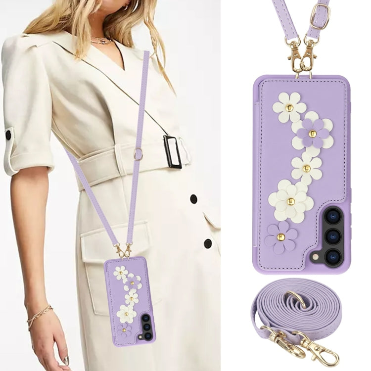 For Samsung Galaxy S25+ 5G Crossbody Flower Pattern Leather Phone Case(Purple) - Galaxy S23+ 5G Cases by PMC Jewellery | Online Shopping South Africa | PMC Jewellery | Buy Now Pay Later Mobicred