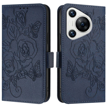 For Huawei Pura 70 Embossed Rose RFID Anti-theft Leather Phone Case(Dark Blue) - Huawei Cases by PMC Jewellery | Online Shopping South Africa | PMC Jewellery | Buy Now Pay Later Mobicred