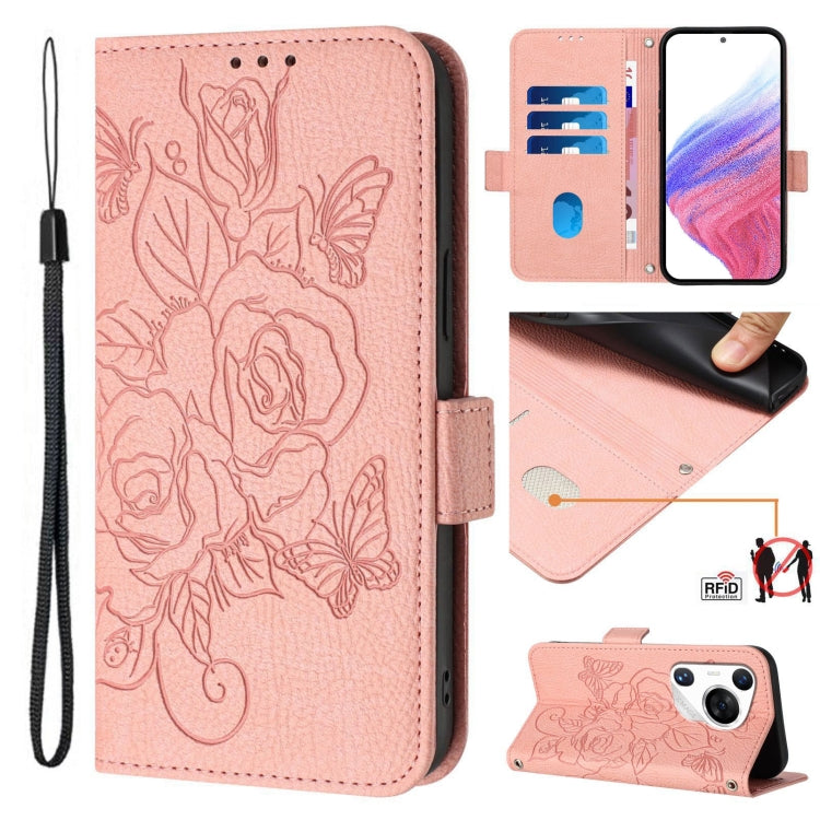 For Huawei Pura 70 Pro Embossed Rose RFID Anti-theft Leather Phone Case(Pink) - Huawei Cases by PMC Jewellery | Online Shopping South Africa | PMC Jewellery | Buy Now Pay Later Mobicred