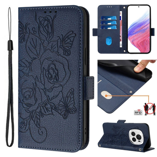 For Honor Magic6 Pro 5G Embossed Rose RFID Anti-theft Leather Phone Case(Dark Blue) - Honor Cases by PMC Jewellery | Online Shopping South Africa | PMC Jewellery | Buy Now Pay Later Mobicred