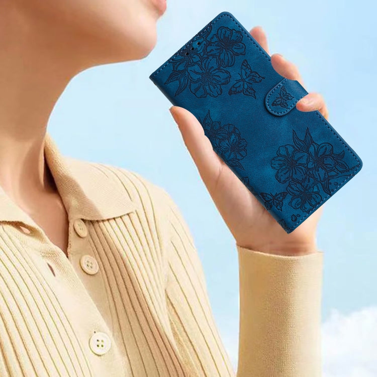 For Samsung Galaxy S25 Ultra 5G Cherry Blossom Butterfly Skin Feel Embossed PU Phone Case(Blue) - Galaxy S25 Ultra 5G Cases by PMC Jewellery | Online Shopping South Africa | PMC Jewellery | Buy Now Pay Later Mobicred