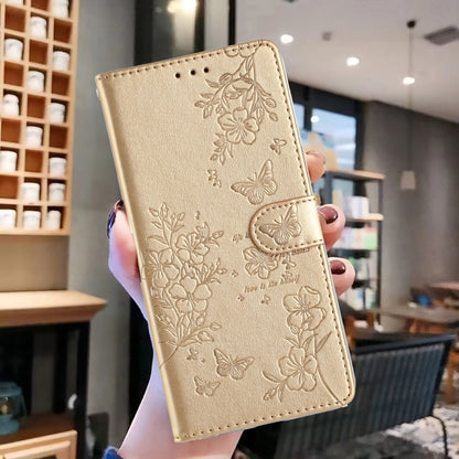 For iPhone 16 Plus Butterflies and Flowers Leather Phone Case(Gold) - iPhone 16 Plus Cases by PMC Jewellery | Online Shopping South Africa | PMC Jewellery | Buy Now Pay Later Mobicred