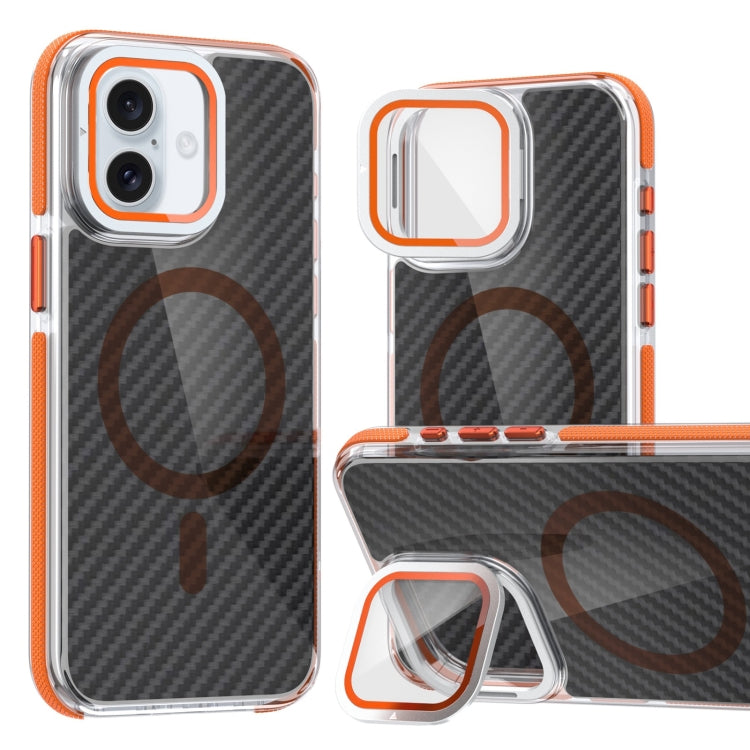 For iPhone 16 Plus Magsafe Dual-Color Carbon Fiber Lens Film Phone Case with Lens Fold Holder(Orange) - iPhone 16 Plus Cases by PMC Jewellery | Online Shopping South Africa | PMC Jewellery | Buy Now Pay Later Mobicred