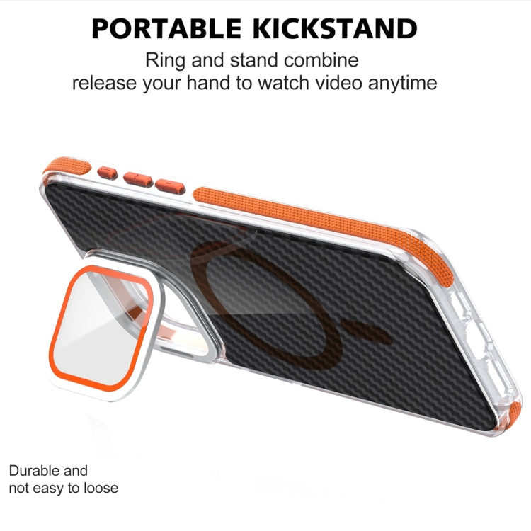 For iPhone 16 Plus Magsafe Dual-Color Carbon Fiber Lens Film Phone Case with Lens Fold Holder(Orange) - iPhone 16 Plus Cases by PMC Jewellery | Online Shopping South Africa | PMC Jewellery | Buy Now Pay Later Mobicred