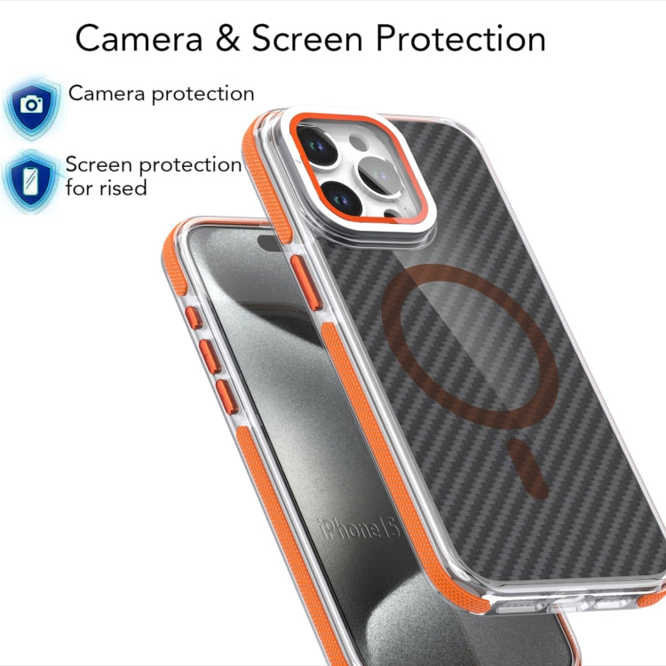 For iPhone 16 Magsafe Dual-Color Carbon Fiber Lens Film Phone Case with Lens Fold Holder(Orange) - iPhone 16 Cases by PMC Jewellery | Online Shopping South Africa | PMC Jewellery | Buy Now Pay Later Mobicred