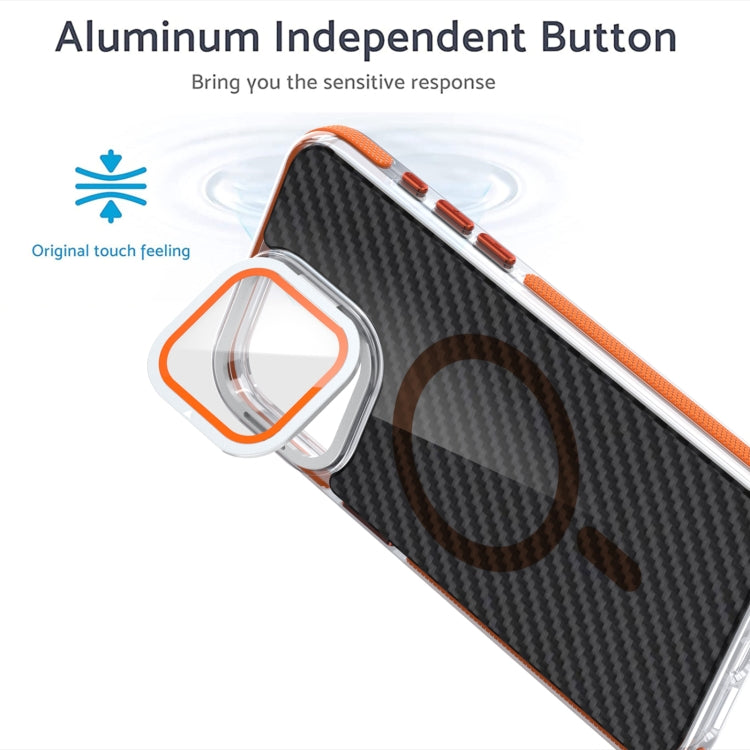 For iPhone 16 Plus Magsafe Dual-Color Carbon Fiber Lens Film Phone Case with Lens Fold Holder(Orange) - iPhone 16 Plus Cases by PMC Jewellery | Online Shopping South Africa | PMC Jewellery | Buy Now Pay Later Mobicred