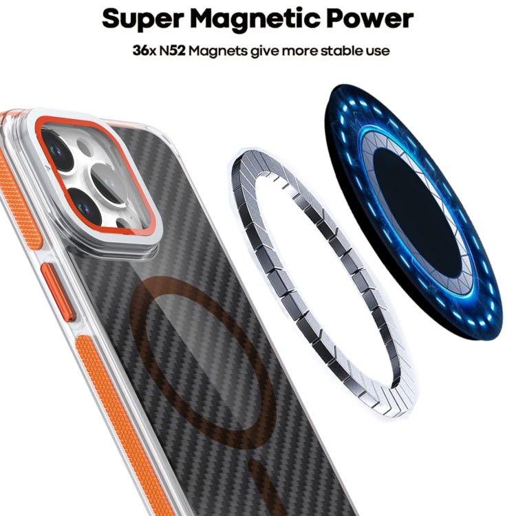 For iPhone 16 Pro Max Magsafe Dual-Color Carbon Fiber Lens Film Phone Case with Lens Fold Holder(Orange) - iPhone 16 Pro Max Cases by PMC Jewellery | Online Shopping South Africa | PMC Jewellery | Buy Now Pay Later Mobicred