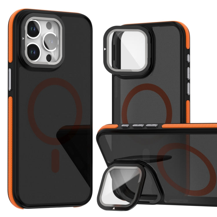 For iPhone 16 Pro Magsafe Dual-Color Skin Feel Lens Film Phone Case with Lens Fold Holder(Orange) - iPhone 16 Pro Cases by PMC Jewellery | Online Shopping South Africa | PMC Jewellery | Buy Now Pay Later Mobicred