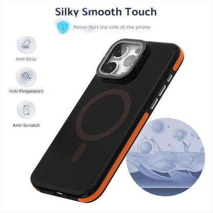 For iPhone 16 Magsafe Dual-Color Skin Feel Lens Film Phone Case with Lens Fold Holder(Orange) - iPhone 16 Cases by PMC Jewellery | Online Shopping South Africa | PMC Jewellery | Buy Now Pay Later Mobicred