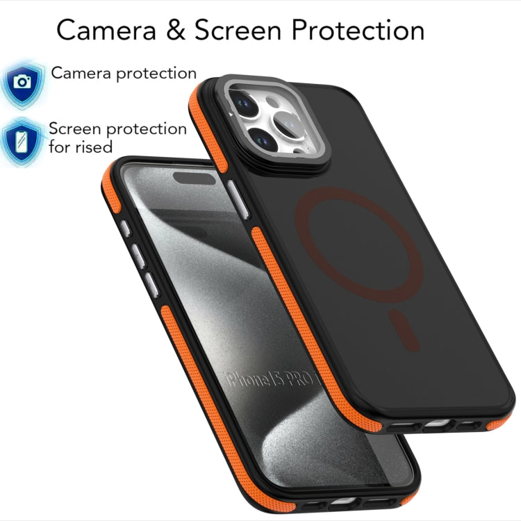 For iPhone 16 Pro Max Magsafe Dual-Color Skin Feel Lens Film Phone Case with Lens Fold Holder(Orange) - iPhone 16 Pro Max Cases by PMC Jewellery | Online Shopping South Africa | PMC Jewellery | Buy Now Pay Later Mobicred