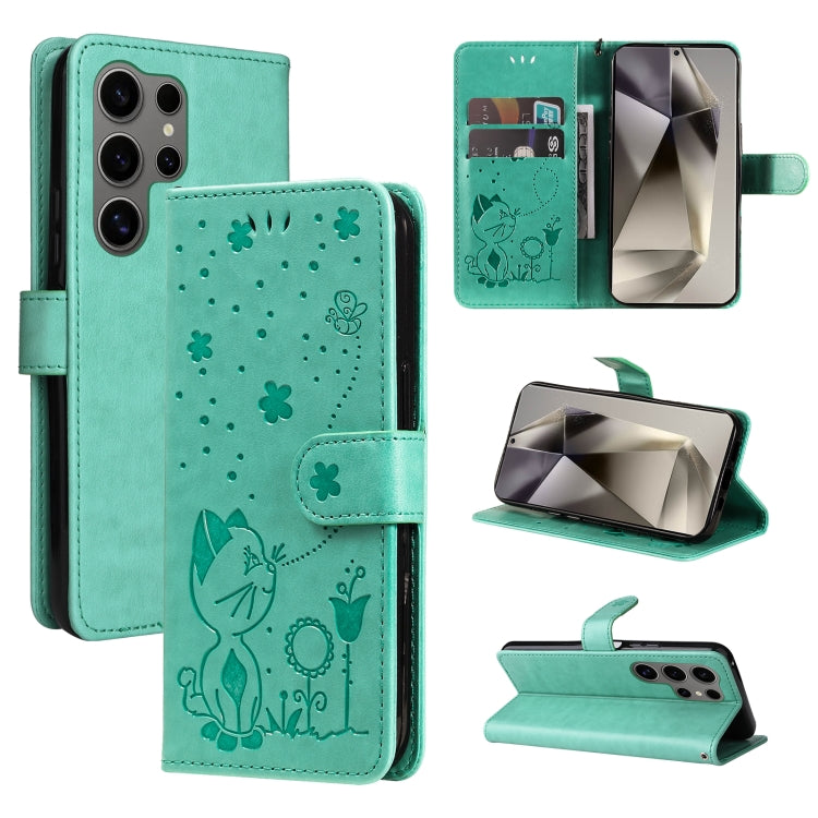 For Samsung Galaxy S25 Ultra 5G Cat and Bee Embossed Flip Leather Phone Case(Green) - Galaxy S25 Ultra 5G Cases by PMC Jewellery | Online Shopping South Africa | PMC Jewellery | Buy Now Pay Later Mobicred