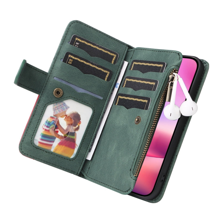 For iPhone 16 Dual-color 9 Card Slots Zipper Wallet Leather Phone Case(Green) - iPhone 16 Cases by PMC Jewellery | Online Shopping South Africa | PMC Jewellery | Buy Now Pay Later Mobicred