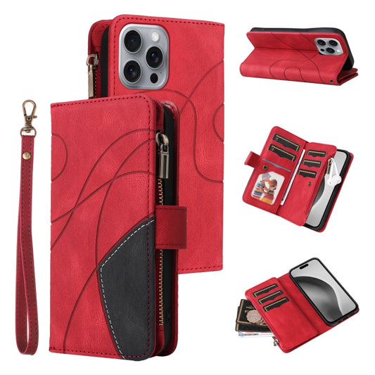 For iPhone 16 Pro Max Dual-color 9 Card Slots Zipper Wallet Leather Phone Case(Red) - iPhone 16 Pro Max Cases by PMC Jewellery | Online Shopping South Africa | PMC Jewellery | Buy Now Pay Later Mobicred