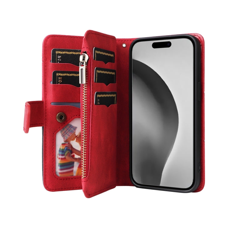 For iPhone 16 Pro Max Dual-color 9 Card Slots Zipper Wallet Leather Phone Case(Red) - iPhone 16 Pro Max Cases by PMC Jewellery | Online Shopping South Africa | PMC Jewellery | Buy Now Pay Later Mobicred