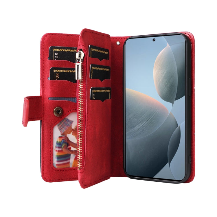 For Redmi K70 Dual-color 9 Card Slots Zipper Wallet Leather Phone Case(Red) - K70 Cases by PMC Jewellery | Online Shopping South Africa | PMC Jewellery | Buy Now Pay Later Mobicred