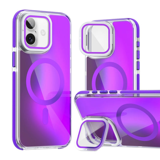 For iPhone 16 MagSafe Gradient Color Lens Film Phone Case with Lens Fold Holder(Purple) - iPhone 16 Cases by PMC Jewellery | Online Shopping South Africa | PMC Jewellery | Buy Now Pay Later Mobicred