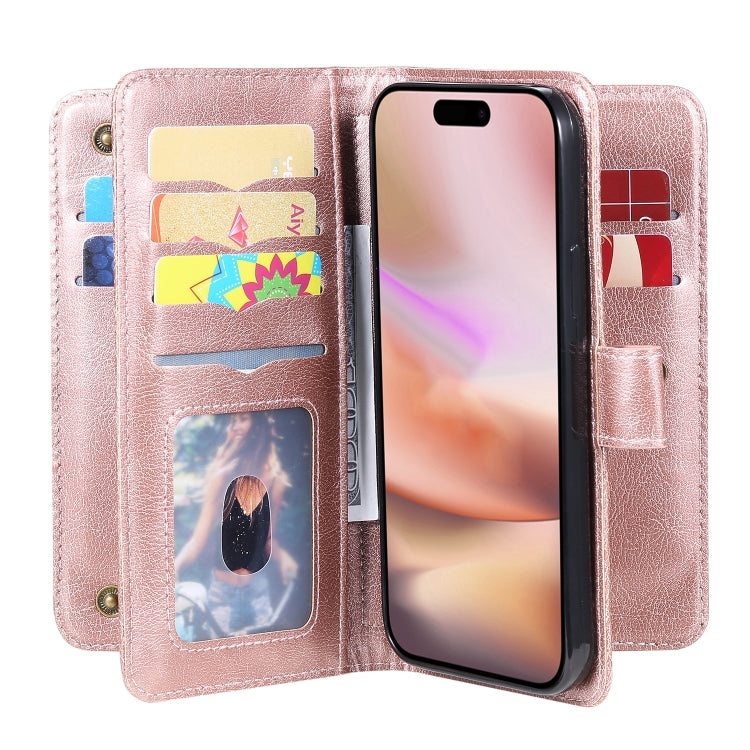 For iPhone 16 Plus Multi-Function Wallet 10 Card Slots Leather Phone Case(Rose Gold) - iPhone 16 Plus Cases by PMC Jewellery | Online Shopping South Africa | PMC Jewellery | Buy Now Pay Later Mobicred