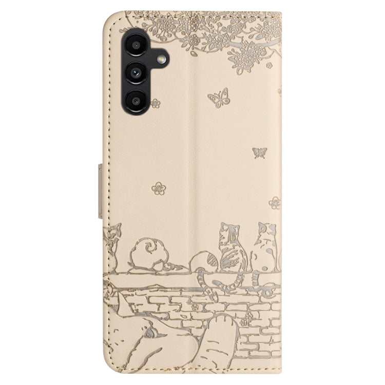 For Samsung Galaxy S25 5G Cat Embossing Pattern Leather Phone Case with Lanyard(Beige) - Galaxy S25 5G Cases by PMC Jewellery | Online Shopping South Africa | PMC Jewellery | Buy Now Pay Later Mobicred