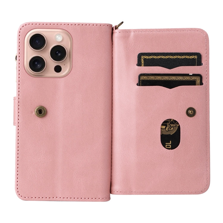 For iPhone 16 Pro Skin Feel Multi Card Slots Zipper Wallet Leather Phone Case(Pink) - iPhone 16 Pro Cases by PMC Jewellery | Online Shopping South Africa | PMC Jewellery | Buy Now Pay Later Mobicred