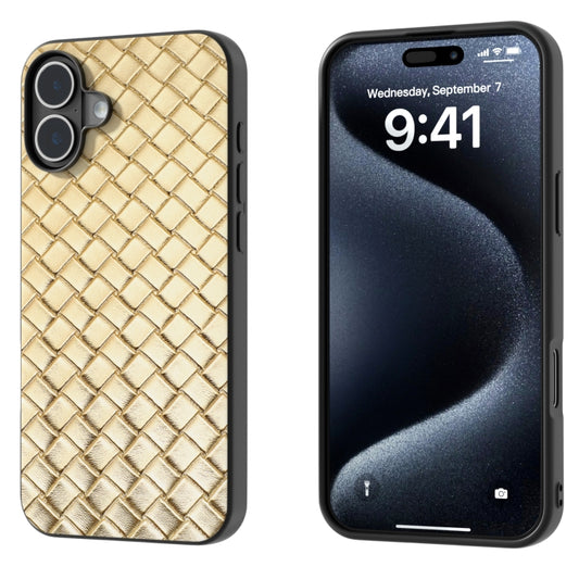 For iPhone 16 Black Frame Woven Texture PU Phone Case(Gold) - iPhone 16 Cases by PMC Jewellery | Online Shopping South Africa | PMC Jewellery | Buy Now Pay Later Mobicred