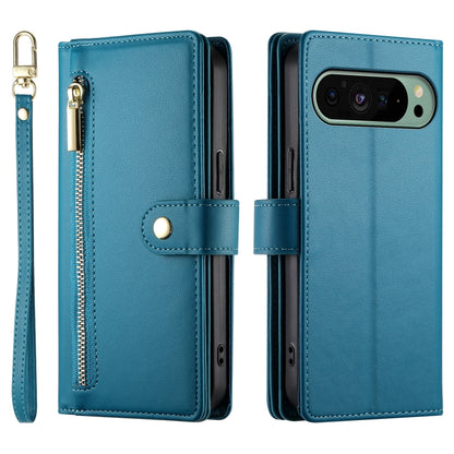 For Google Pixel 9 / 9 Pro Nine Card-slot Zipper Wallet Bag Leather Phone Case(Blue) - Google Cases by PMC Jewellery | Online Shopping South Africa | PMC Jewellery | Buy Now Pay Later Mobicred