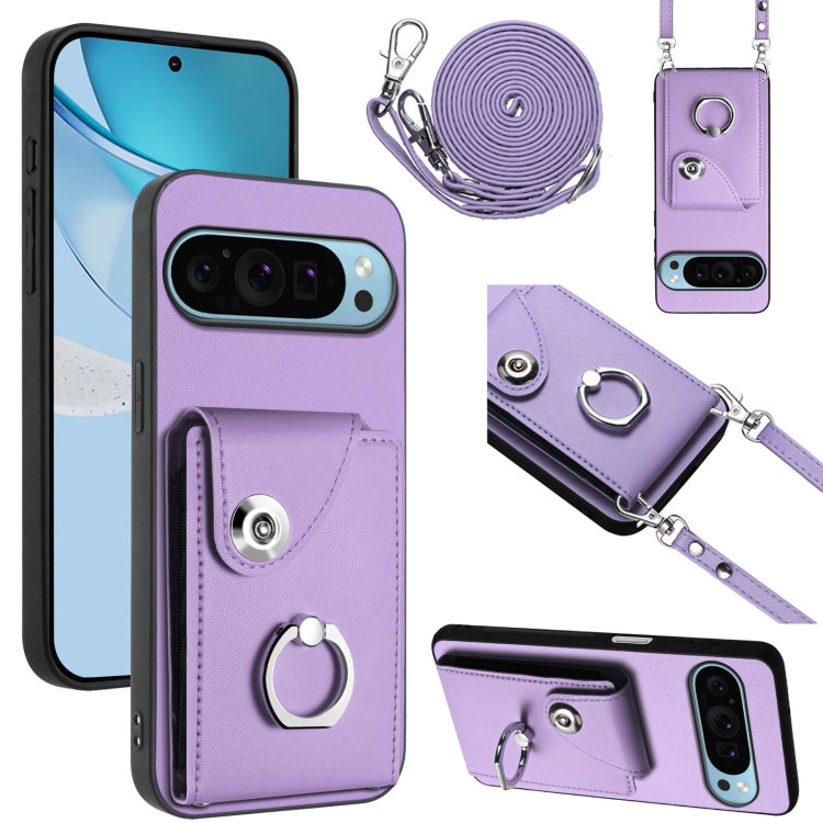 For Google Pixel 9 Pro XL Organ Card Bag Ring Holder Phone Case with Long Lanyard(Purple) - Google Cases by PMC Jewellery | Online Shopping South Africa | PMC Jewellery | Buy Now Pay Later Mobicred