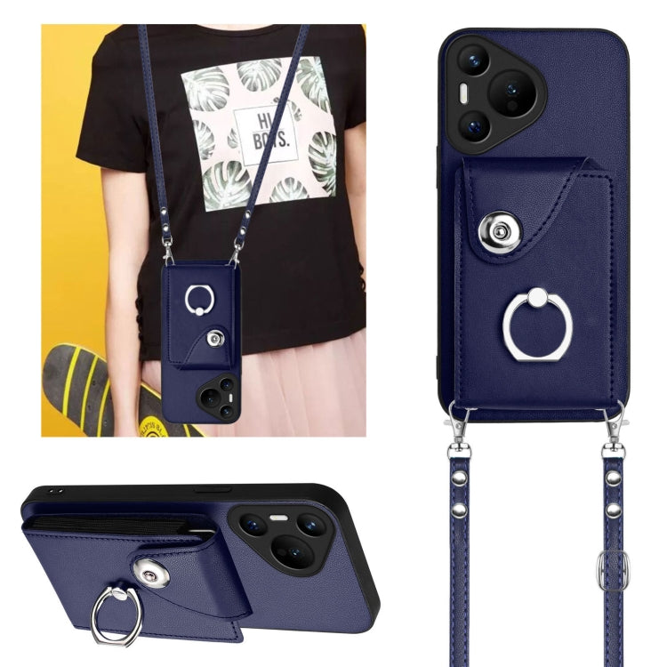 For Huawei Pura 70 Organ Card Bag Ring Holder Phone Case with Long Lanyard(Blue) - Huawei Cases by PMC Jewellery | Online Shopping South Africa | PMC Jewellery | Buy Now Pay Later Mobicred