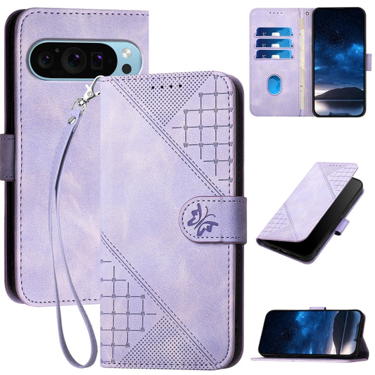 For Google Pixel 9 / 9 Pro YX0080 Grid Butterfly Embossed Pattern Flip Leather Phone Case with Lanyard(Light Purple) - Google Cases by PMC Jewellery | Online Shopping South Africa | PMC Jewellery | Buy Now Pay Later Mobicred