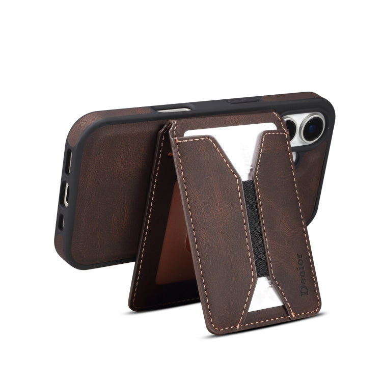 For iPhone 16 Denior D18 Skin Feel Rotating Holder MagSafe Detachable Card Slot Phone Case(Brown) - iPhone 16 Cases by Denior | Online Shopping South Africa | PMC Jewellery | Buy Now Pay Later Mobicred