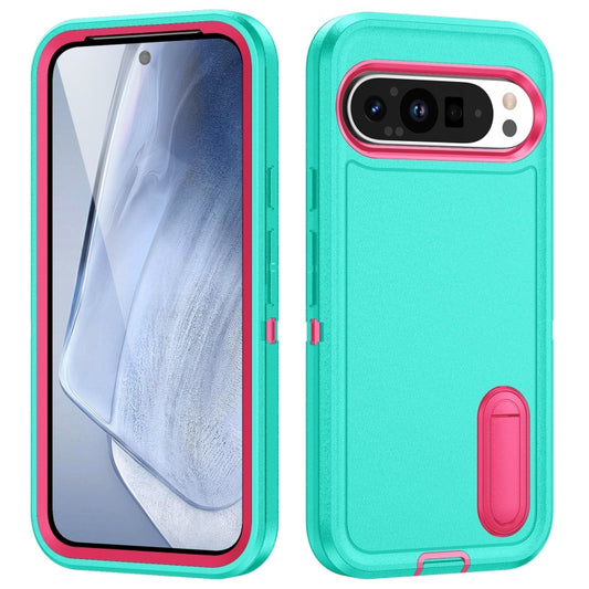 For Google Pixel 9 Pro Rugged PC + Silicone Phone Case with Holder(Light Green+Rose Red) - Google Cases by PMC Jewellery | Online Shopping South Africa | PMC Jewellery | Buy Now Pay Later Mobicred