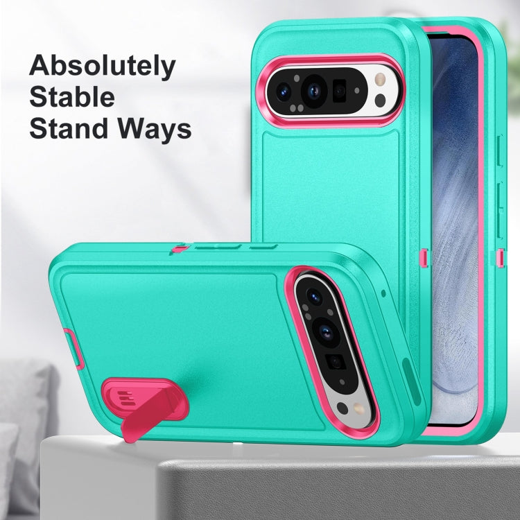 For Google Pixel 9 Pro Rugged PC + Silicone Phone Case with Holder(Light Green+Rose Red) - Google Cases by PMC Jewellery | Online Shopping South Africa | PMC Jewellery | Buy Now Pay Later Mobicred