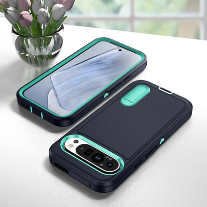 For Google Pixel 9 Pro Rugged PC + Silicone Phone Case with Holder(Dark Blue+Light Green) - Google Cases by PMC Jewellery | Online Shopping South Africa | PMC Jewellery | Buy Now Pay Later Mobicred