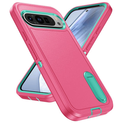 For Google Pixel 9 Rugged PC + Silicone Phone Case with Holder(Rose Red+Light Green) - Google Cases by PMC Jewellery | Online Shopping South Africa | PMC Jewellery | Buy Now Pay Later Mobicred